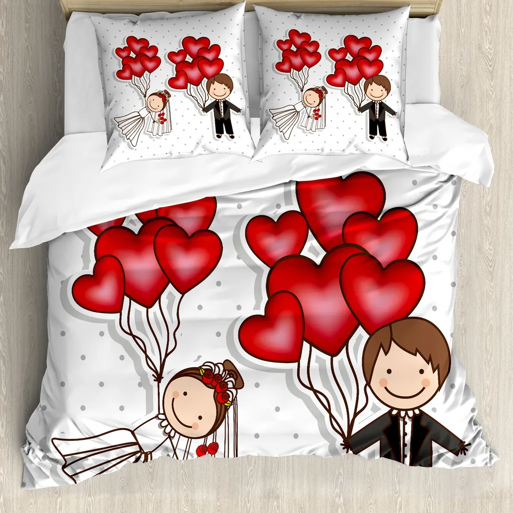 Copripiumino ABAKUHAUS, divertenti palloncini per sposi novelli, antiacaro e anallergico, con federe, 155 cm x 220 cm - 80 x 80 cm, rosso, bianco, nero