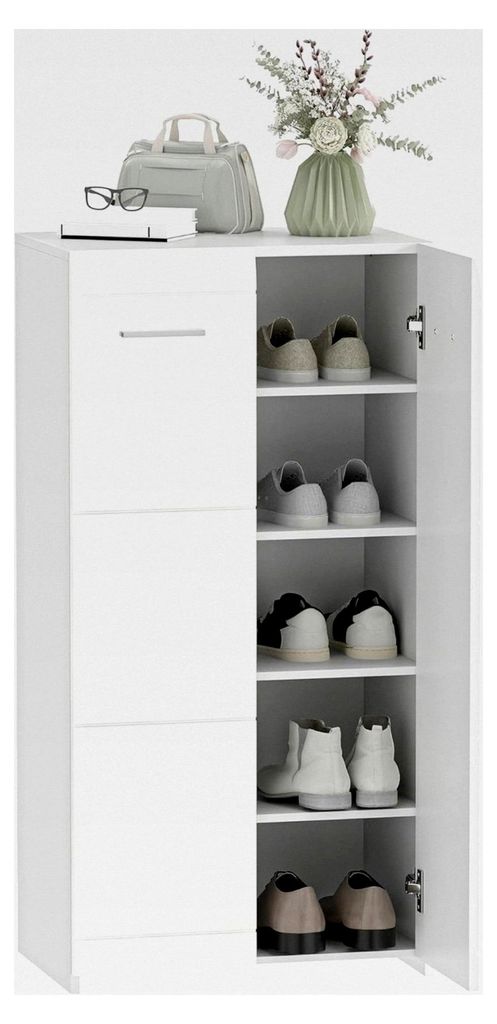 Schuhschrank mit 2 Türen, 5 Ebenen, Flurschrank mit verstellbaren Ablagen für 10 Paar Schuhe, Hochglanz Weiß, 55 x 36 x 108 cm