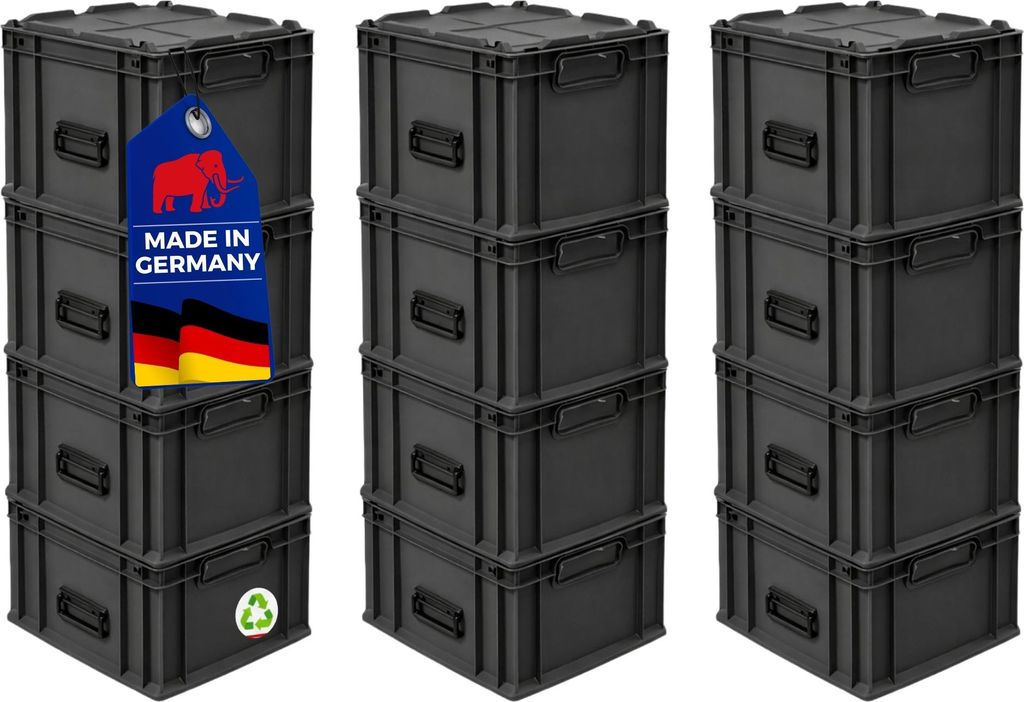 SuperSparSet 12x Eurobox NextGen Portable Germany | HxBxT 33,5x30x40cm | 30 Liter | Schwarz | Eurobehälter, Transportbox, Transportbehälter, Stap...