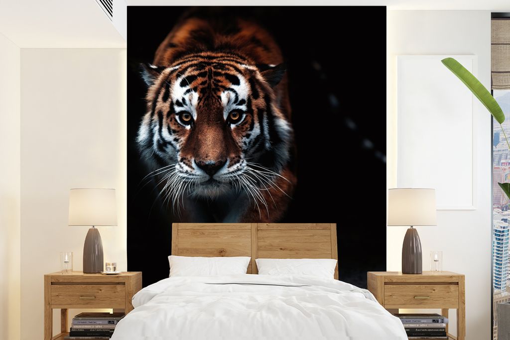 MuchoWow Fototapete für Wohnzimmer oder Schlafzimmer Wandtapete Vinyl Motivtapete Tiere - Tiger - Schwarz - Wild - Porträt - 175x240 cm - Schla...
