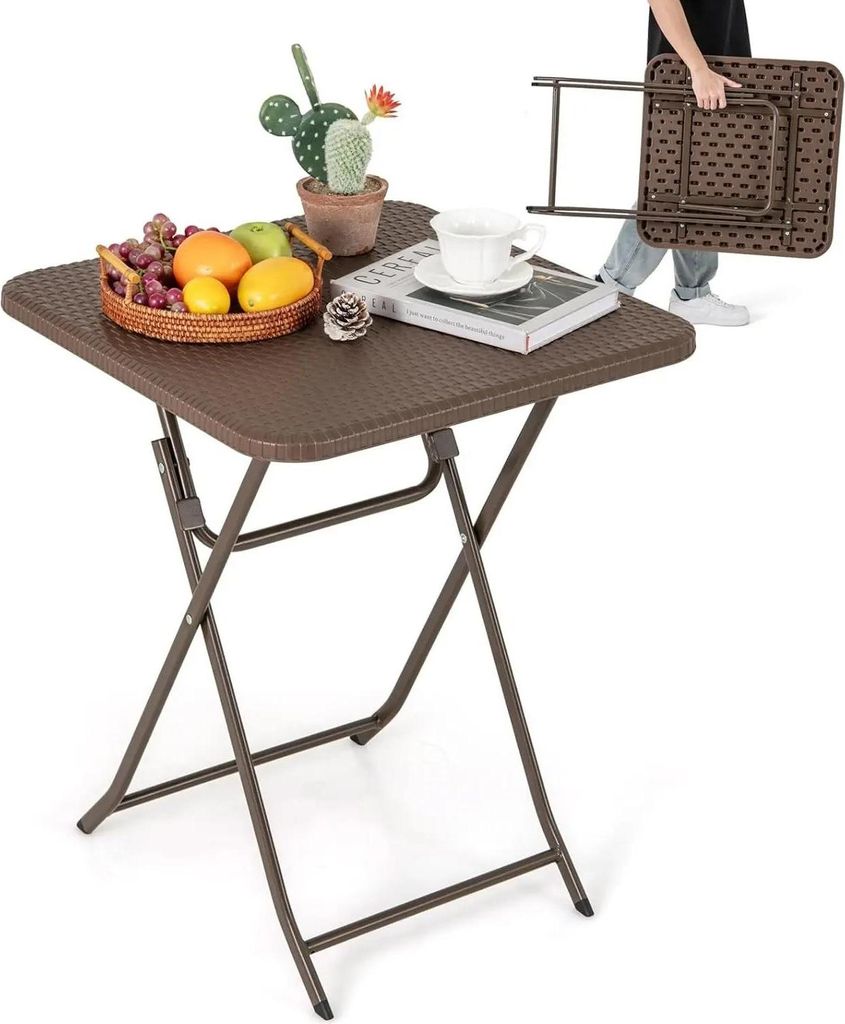 Gartentisch - Klappbarer Balkontisch - Quadratisch - Rattan-Optik - HDPE-Tischplatte - Tragbar für Camping - Kaffeebraun