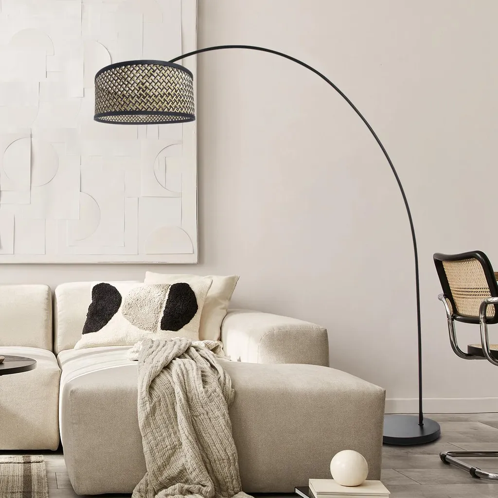 Lampe de Sol Arquée Mexlite Solva - Mélange Bambou et Métal Noir - E27
