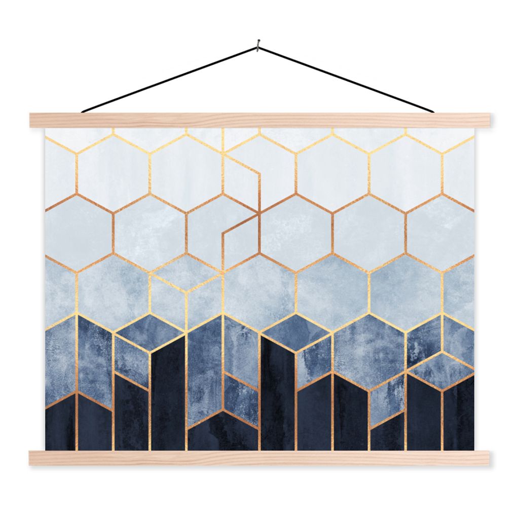 MuchoWow Textilposter Sechseck - Gold - Schablonen 120x90 cm mit holzfarbenen Rahmen - Magnetisch