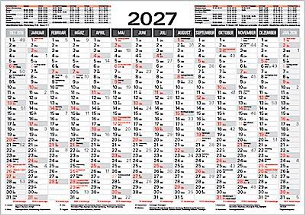 Tafelkalender A4 2027: 14 Monate auf einer Seite I Ferientermine und Feiertage