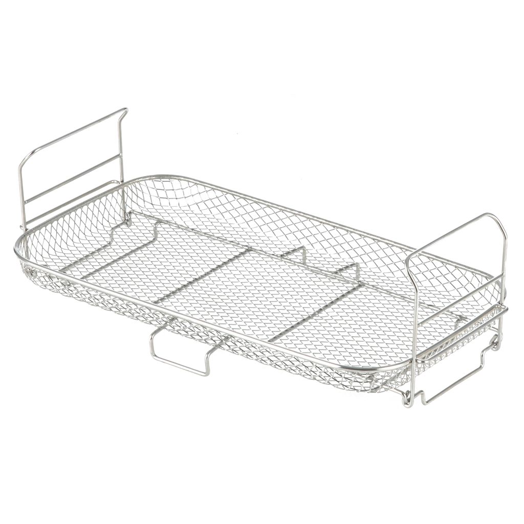 A silver wire mesh basket with handles, isolated on a white background.
