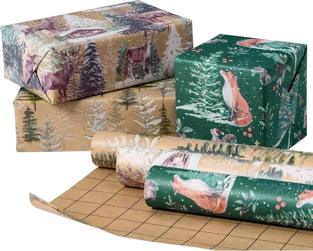 Kit Emballage Cadeau Noël Kraft Renard - 3 Rouleaux pour Toutes les Fêtes