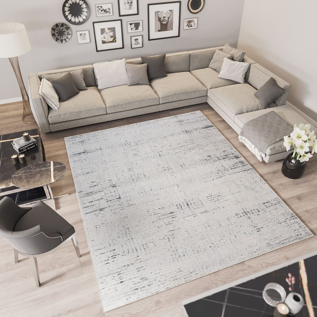 Teppich Kurzflor Modern Design Schlafzimmer Wohnzimmer Vintage Meliert Grau Creme 120 x 170 cm
