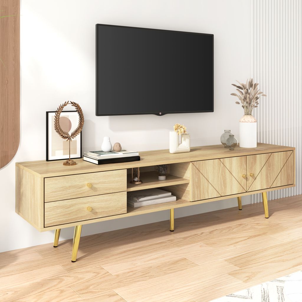 okwish TV-Schrank 160 cm mit Goldfüßen, mit 2 Schubladen und Einzigartig Gestalteten Türen – Stilvolles Design für Ihr Wohnzimmer, Holzfarbe