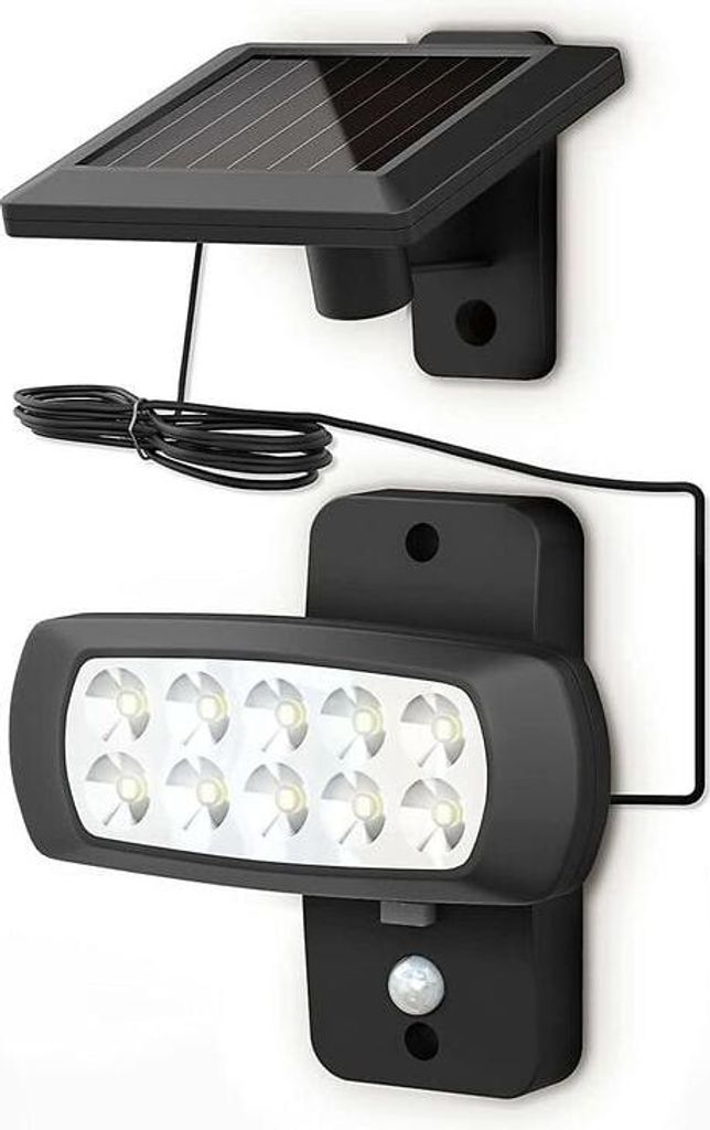 IP44-e Solar-LED-Außenleuchte mit PIR-Bewegungsmelder, schwarz, spritzwassergeschützt, 6500 K kaltweißes Licht