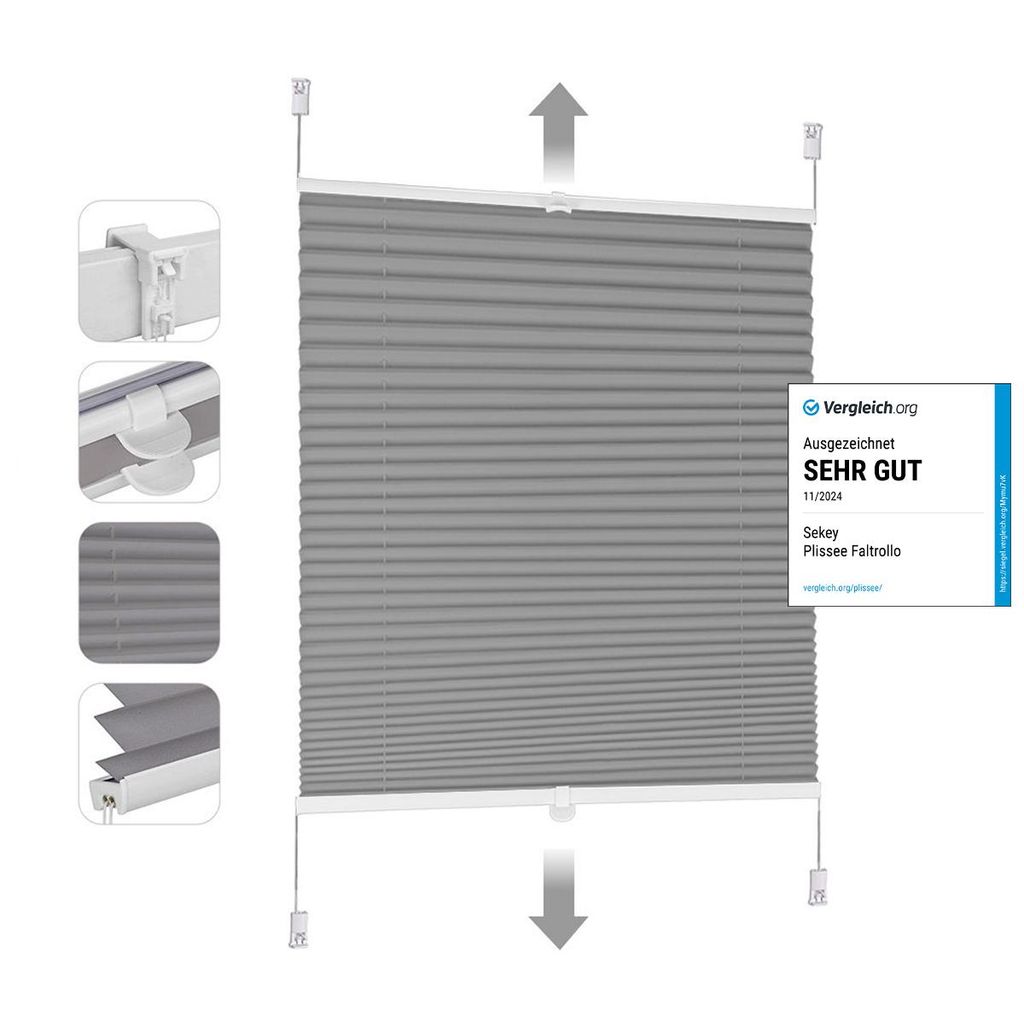 A grey pleated blind with mounting clips and a rating badge.
