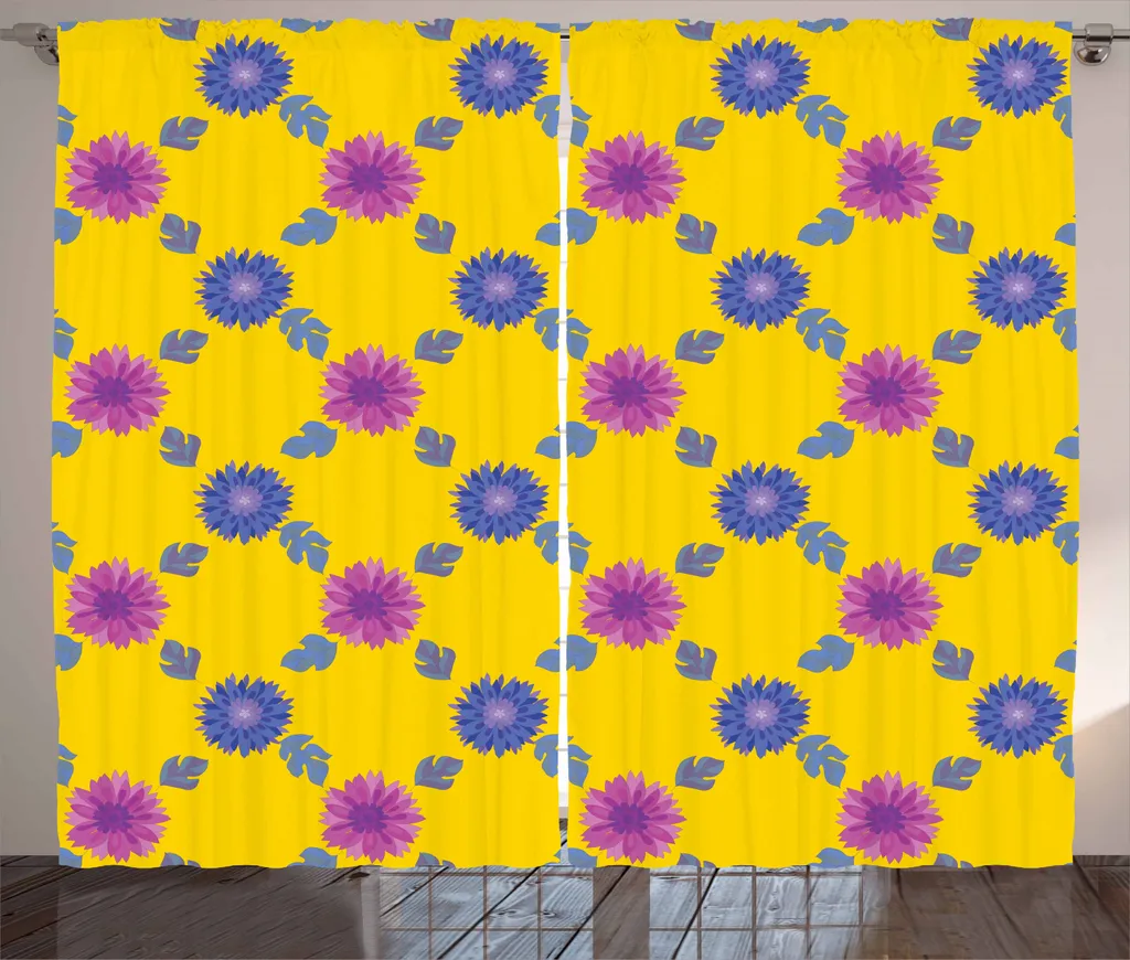 ABAKUHAUS Aster Tenda rustica, motivo floreale a mosaico, tenda con passanti e ganci per camera da letto, 280 x 245 cm, magenta scuro, viola, blu