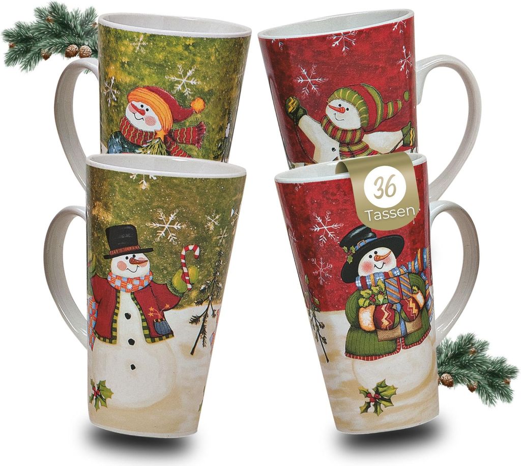 Große Weihnachtstassen 36 Stk. Karton Schneemann Ambiente rot grün