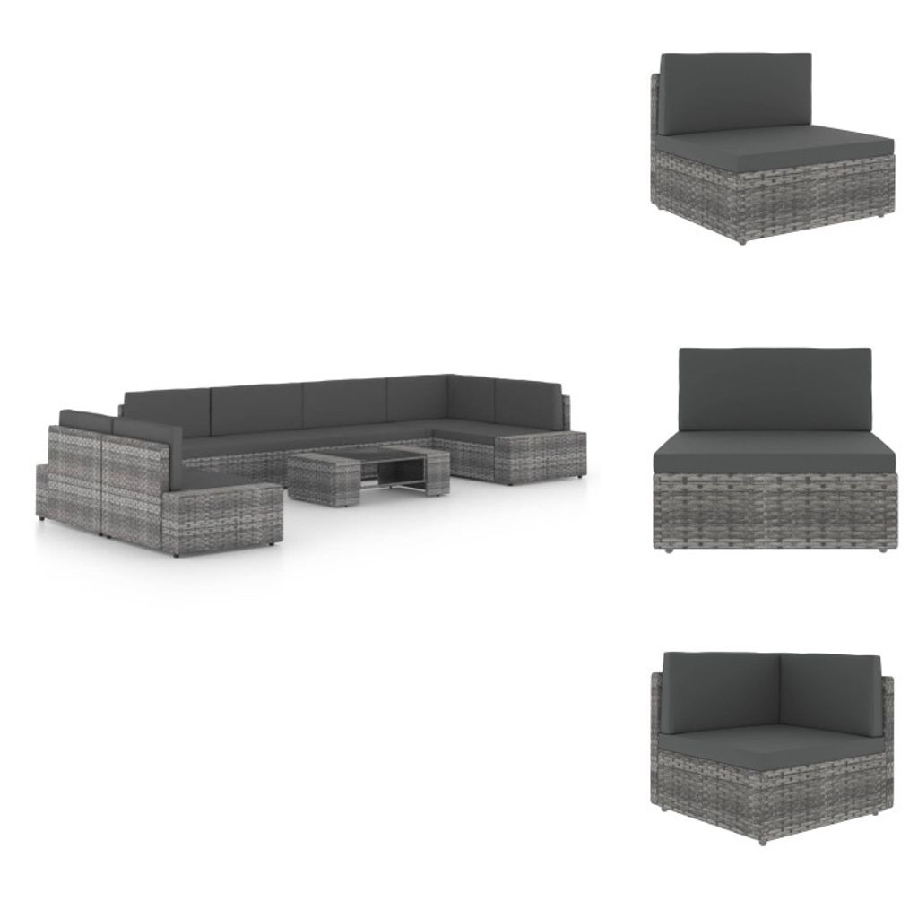 vidaXL 8-tlg. Garten-Lounge-Set mit Kissen Grau Poly Rattan - Gartenmöbel-Sets