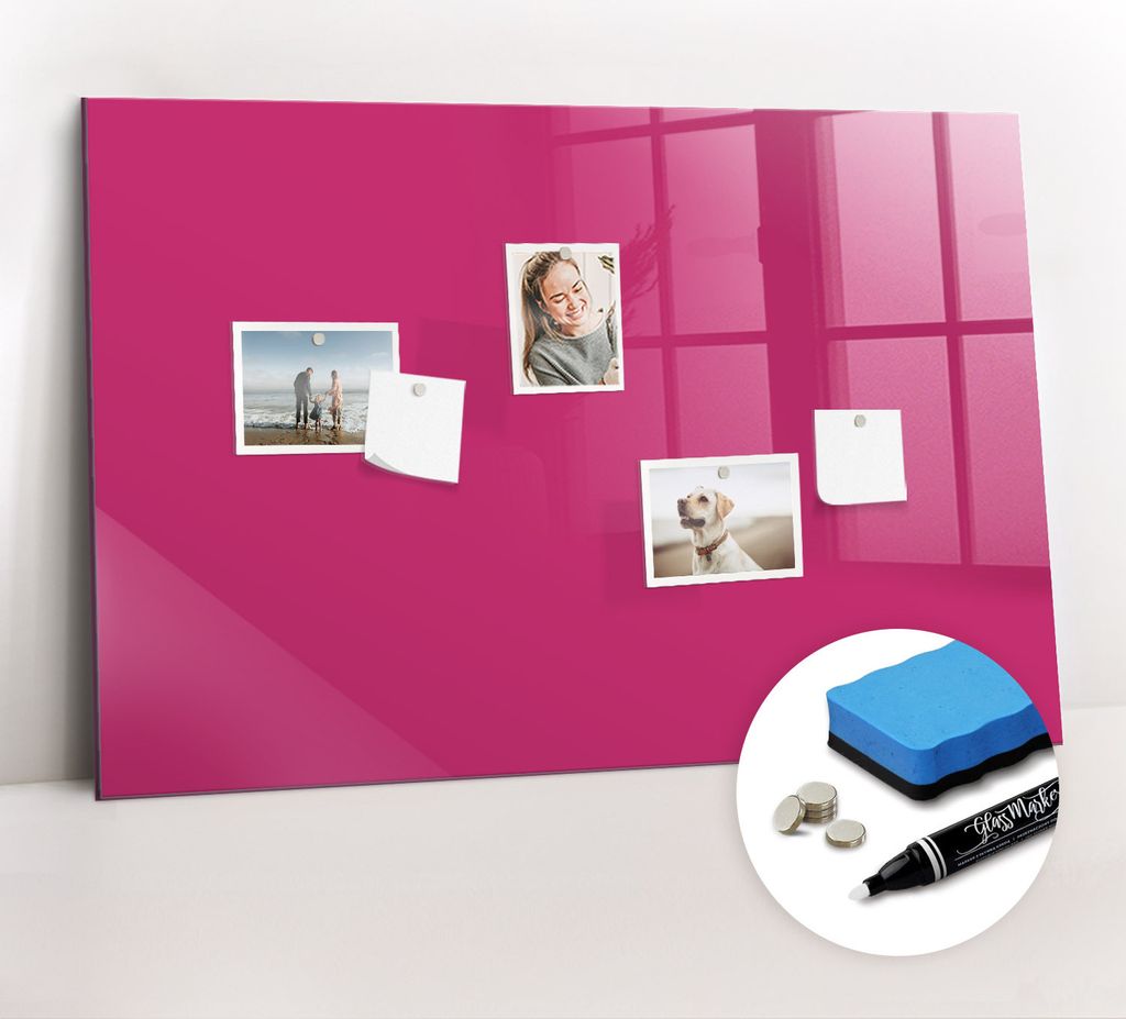 Magnetpinnwand Memoboard - Zubehörsatz - Weißer Marker + Schwamm + Magnete - 90 x 60 cm - Kräftige rosa Farbe