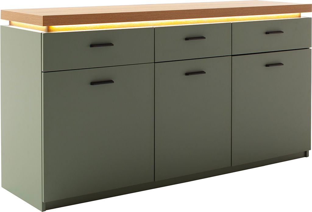 Wohnzimmer-Sideboard mit 156 cm Breite in Grün mit Eiche, 3 Türen, 3 Schubladen, LED-Akzentbeleuchtung - MOSTAR-05