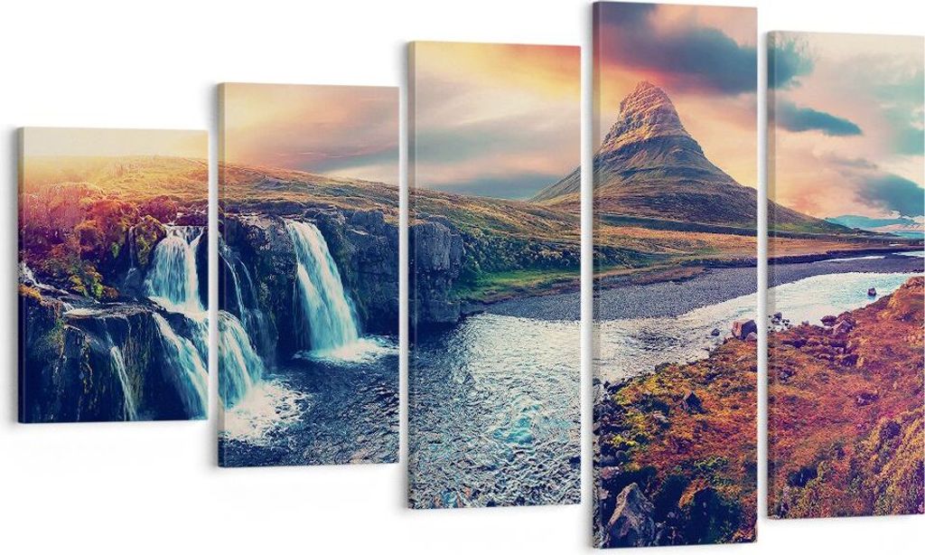 Bild auf Leinwand - Leinwandbild - 5 Teile - Wasserfall Himmel Berg - 100x60cm - Wand Bild - Wanddeko - Wandbilder - Leinwanddruck - Bilder - Wandd...