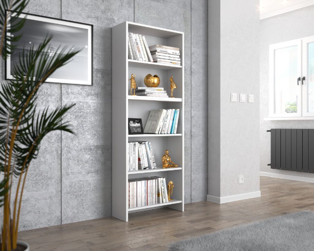 MRBLS Bücherregal Weiß 60x189x30 cm – Standregal mit 5 Fächern für Bücher, Deko & Ordner – Modernes Holzregal für Wohnzimmer, Büro & Sch...