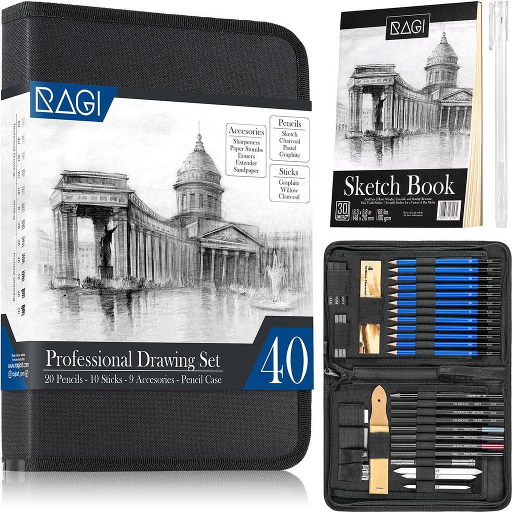 Zeichenset Bleistift Set 42 RAGI mit Skizzenbuch Kohlestifte Graphit zum Zeichnen Skizzieren für Künstler Anfänger Geschenk für Kinder Erwachsene