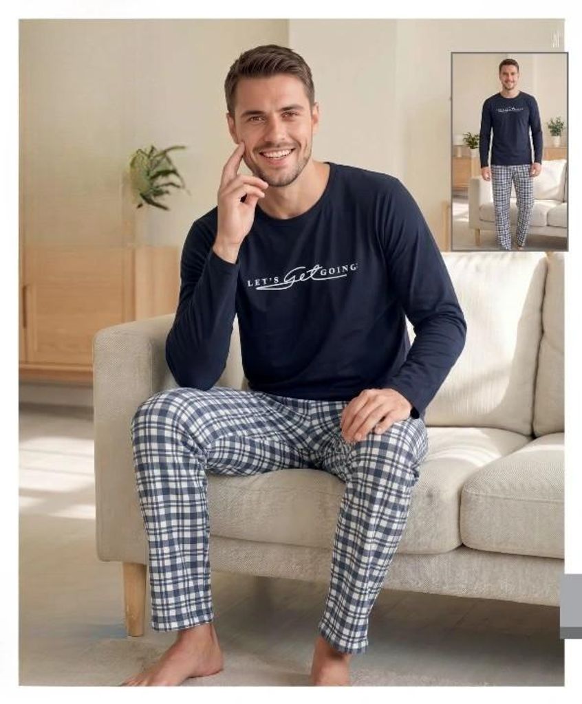 Herren Pyjama Schlafanzug Set Baumwolle Marineblau M Lang Produktbild 
