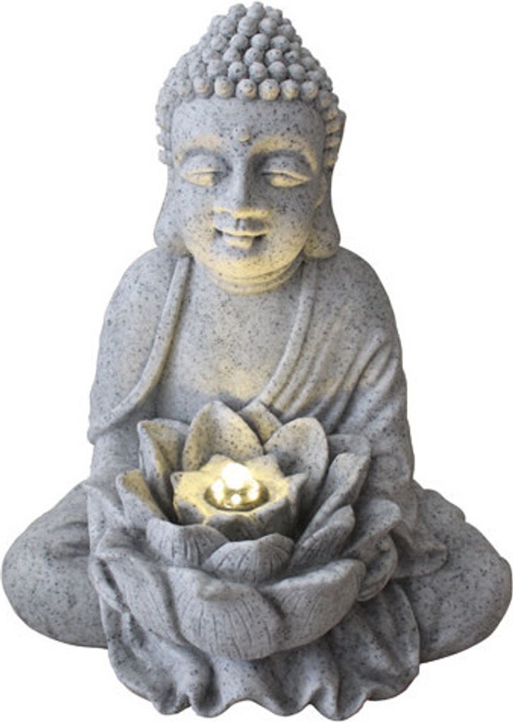 Fine Asianliving Zimmerbrunnen Sandstein Buddha mit Lotus 31.5x26.8x37cm