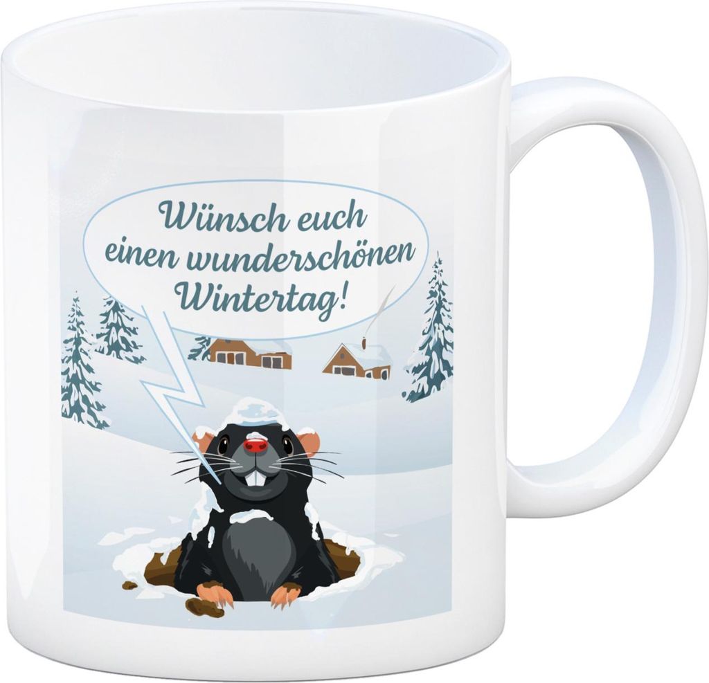 Maulwurf Kaffeebecher mit Spruch: Wunderschönen Wintertag euch wünschen