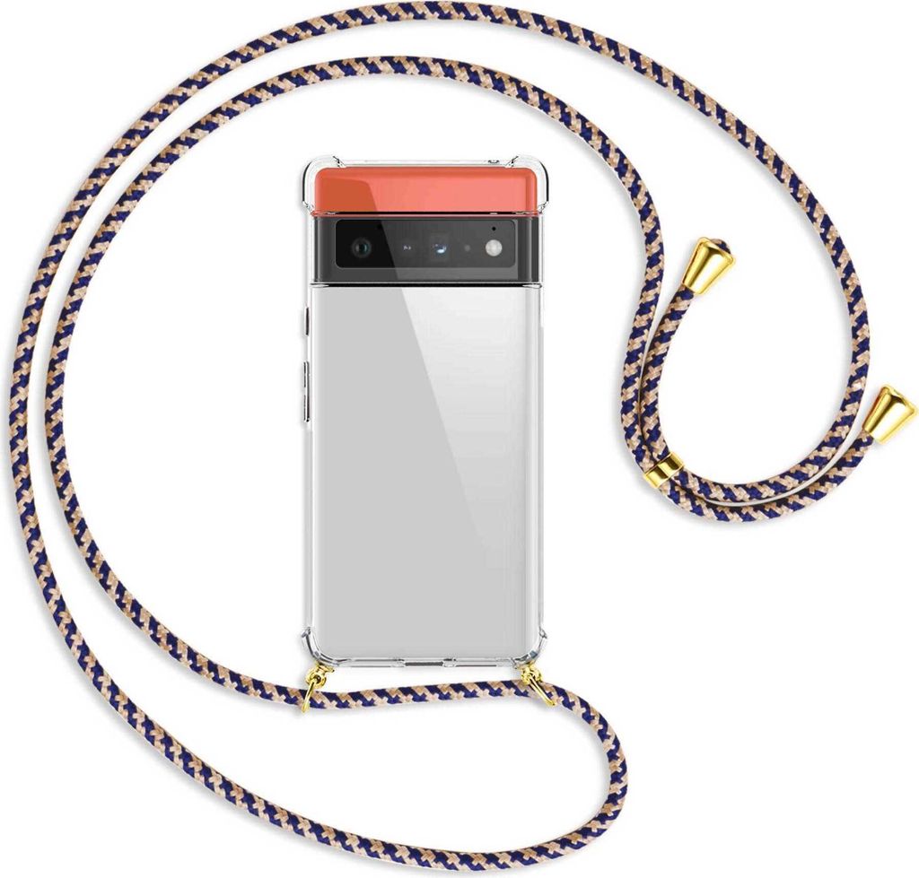 Handykette Backcover-Schutzhülle mit Band (Metall goldfarben) für Google Pixel 6 Pro - blau+beige
