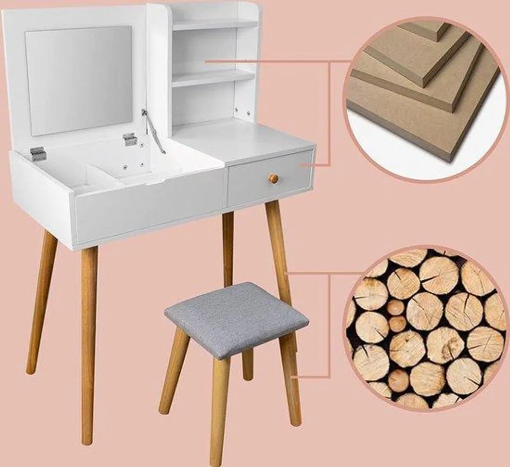 Table de maquillage compacte à miroir escamotable et tiroir de rangement