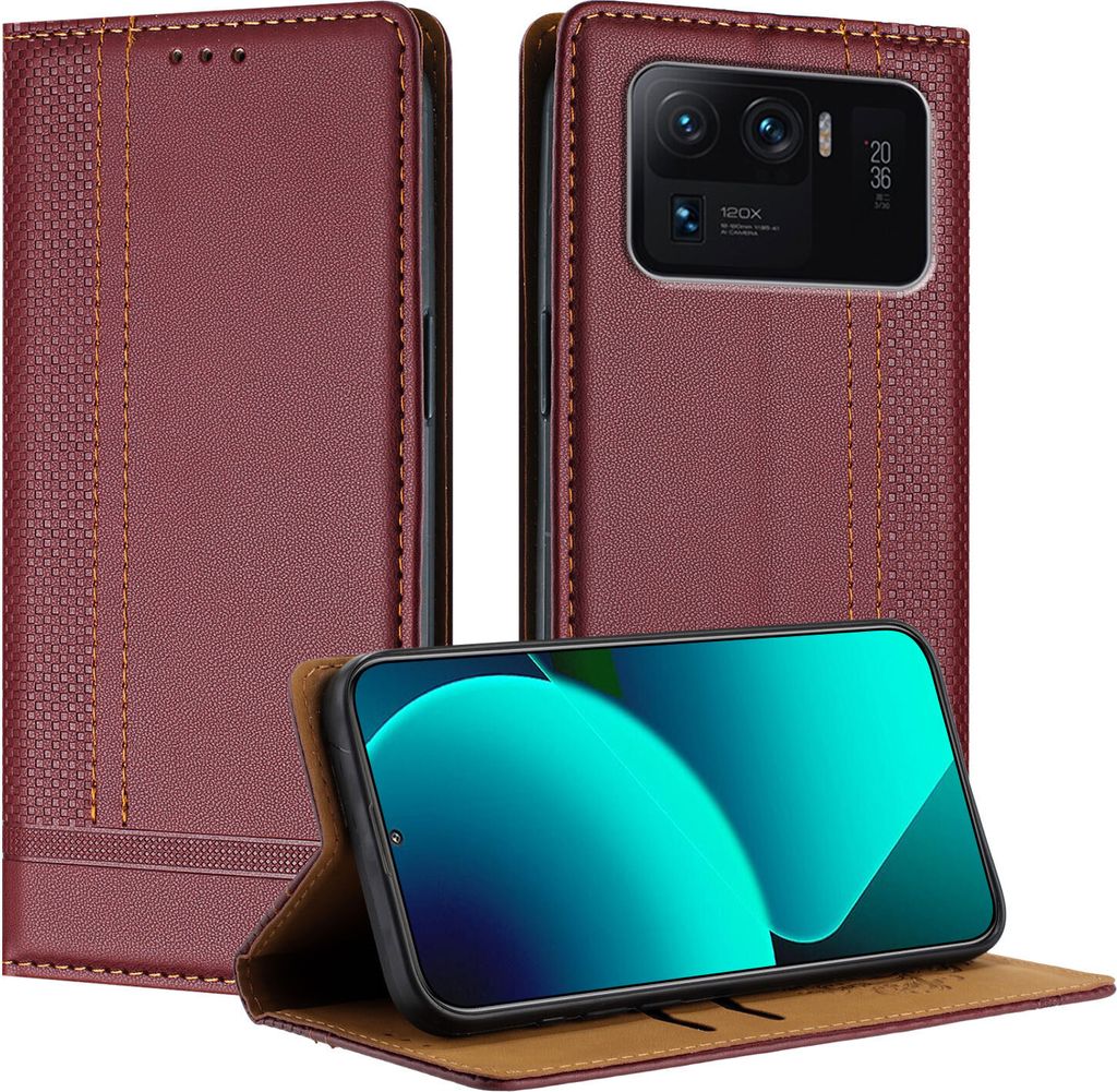 Handyhülle für Xiaomi 11 Ultra Leder Flip Klappbare Schutzhülle mit Standfunktion Dunkelrot