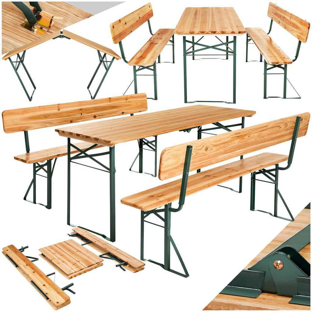A collage of images showing a wooden beer garden table and bench set from various angles, including assembled and disassembled states, and a close-up of the metal leg mechanism.
