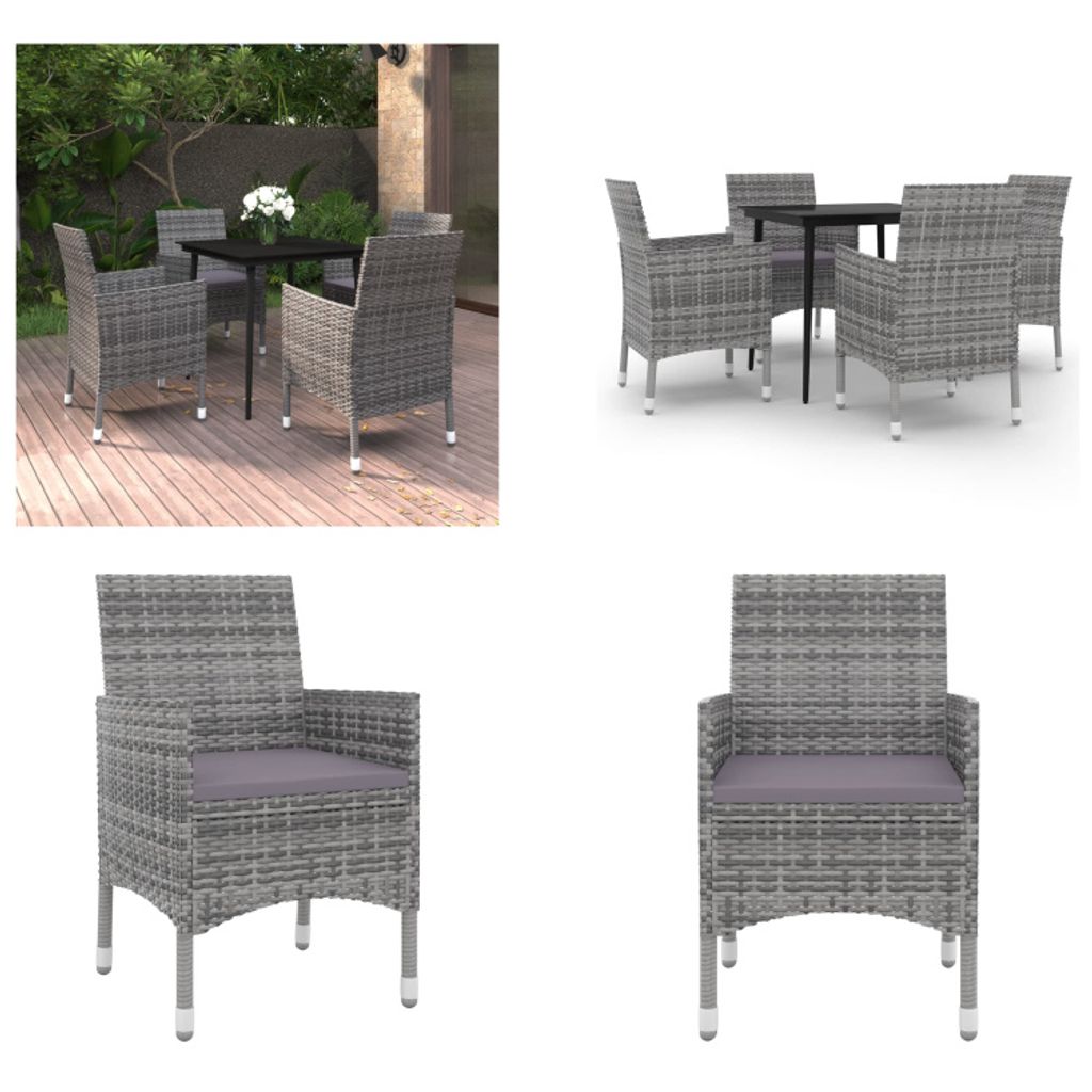 vidaXL 5 tlg. Garten Essgruppe mit Auflagen Poly Rattan und Glas - Garten-Essgruppe - Garten-Essgruppen - Outdoor-Essgruppe - Gartentisch Und Stuhl