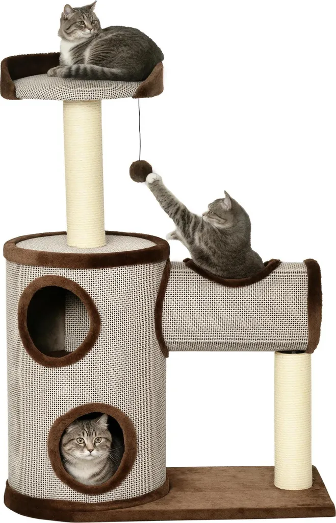 Arbre à chat marron 104 cm à 4 niveaux avec troncs en sisal naturel