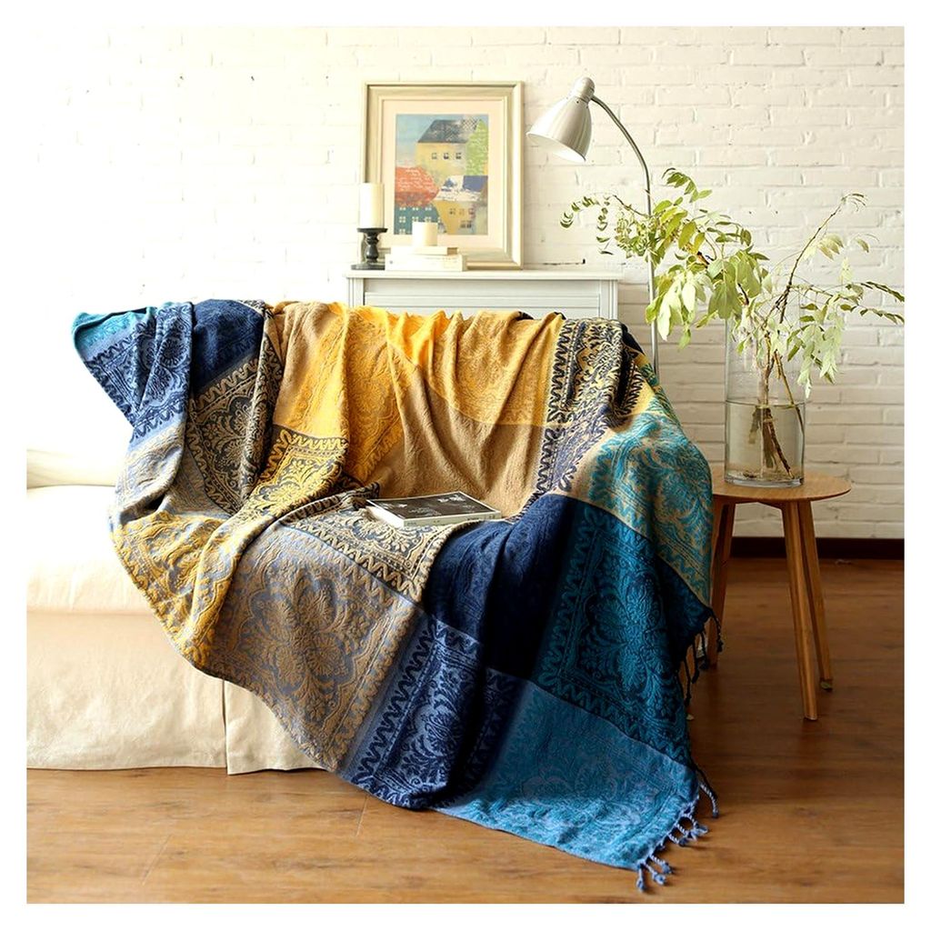 Chenille Überwurfdecke, Jacquard Quasten Überwurfdecke für Sofa, Stuhl und Bett, Nachbildungativ mit folkloristischem Tribal-Muster (Blau, 220 x...