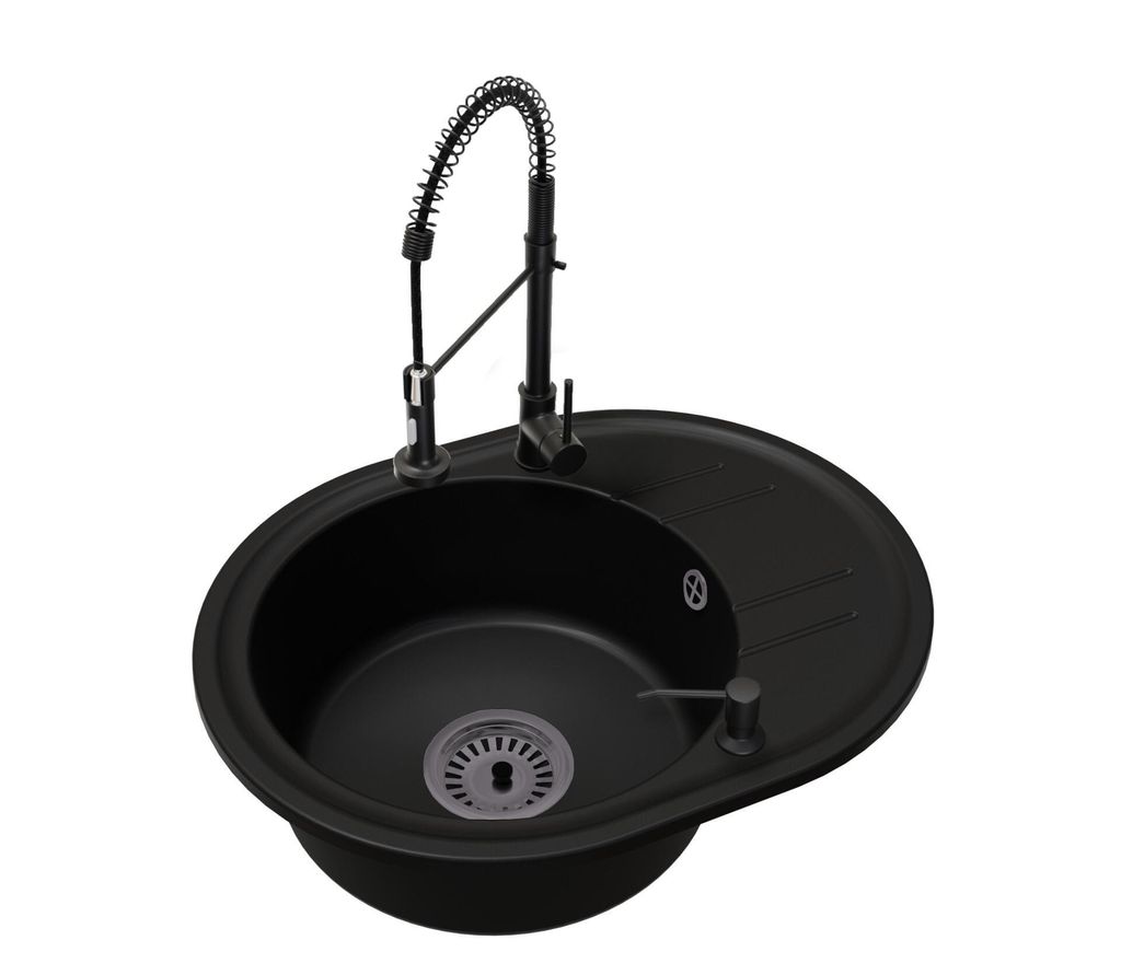 Küchenspüle Einbecken Bella mit Siphon und Spiral Armatur Schwarz