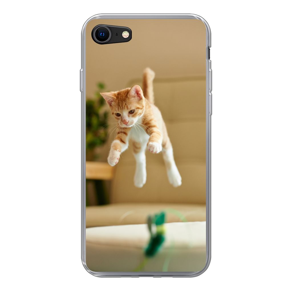 MuchoWow Handyhülle Schutzhülle Hülle für iPhone SE 2022 Katze - Springen - Spielzeug Silikon Softcase Handy Hülle - Schutzhülle