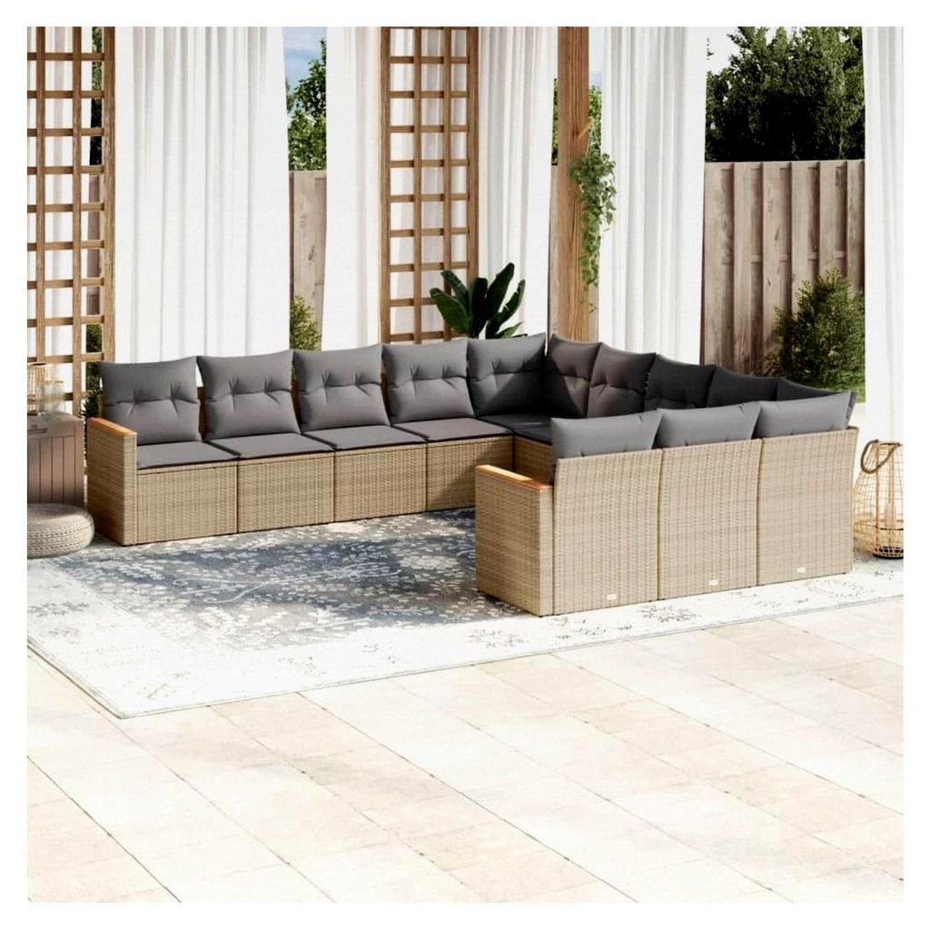 11-teiliges Garten-Sofagarnitur mit Kissen Beige Poly Rattan, Lounge Gartenmöbel Set, Balkonmöbel, Gartenlounge, Gartensofa