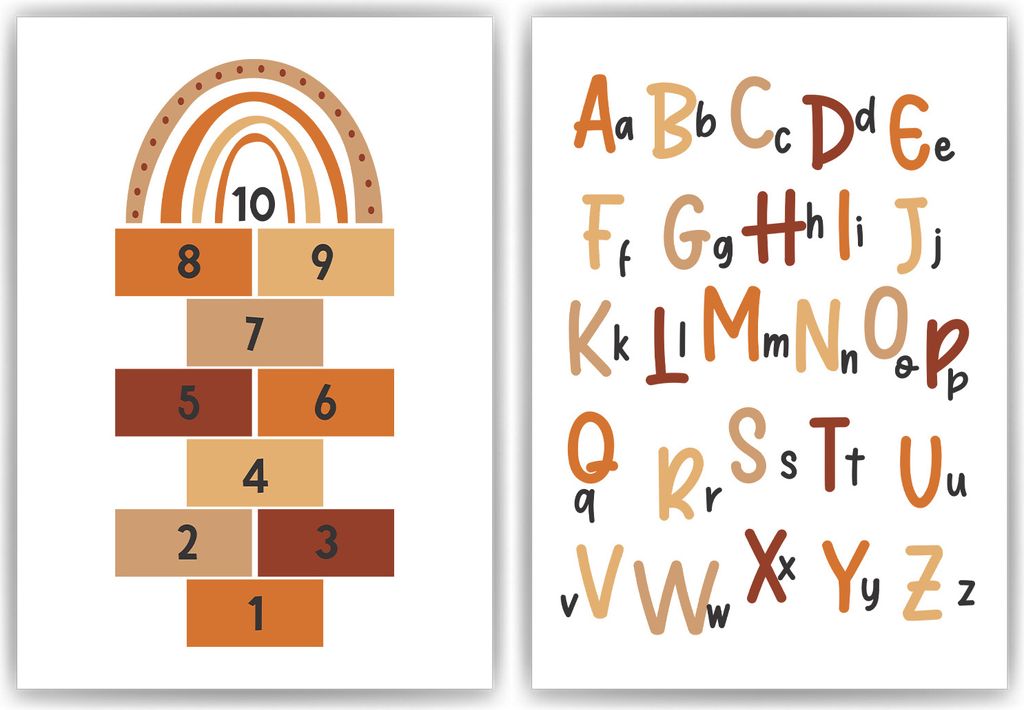 ABC Kinderposter Alphabet 2er Set Lernposter Buchstaben & Zahlen | Kinderzimmer Wandbilder Einschulung Kindergarten Grundschule Lernhilfe für Kind...
