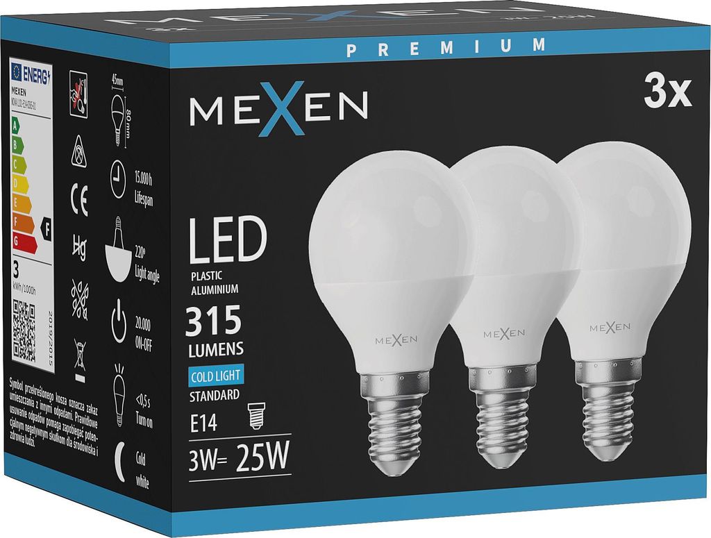 Mexen Nova 3x LED-Glühbirne E14, G45, 3W, Kalt - 6500K, 315 Produktbild 