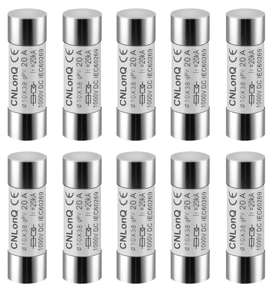 A collection of solar fuses arranged in two rows on a white background.