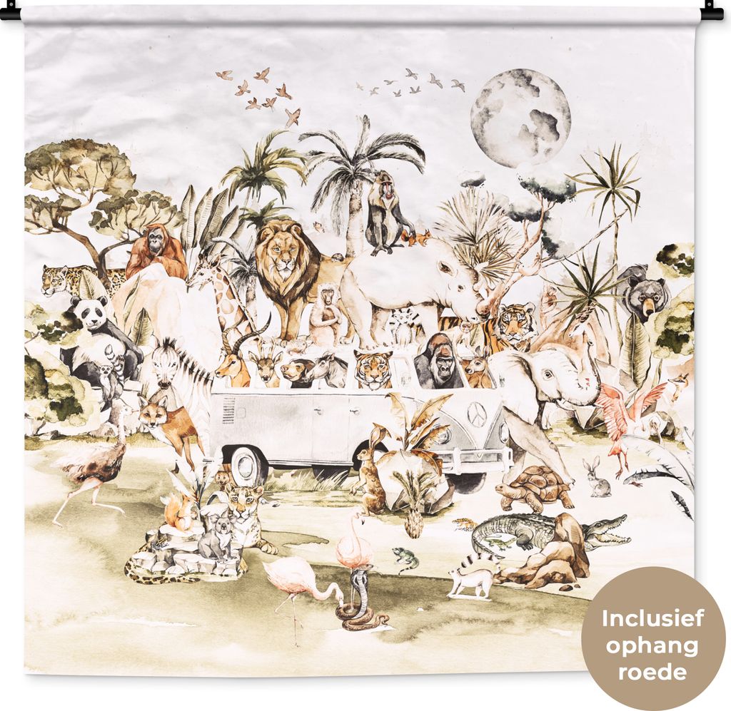 MuchoWow Wandteppich Wandbehang Bus - Tiere - Kinder - Jungen - Mädchen - Palme 150x150 cm Tapisserie Dekoration Wandtuch - Wohnaccessoires - Mo...