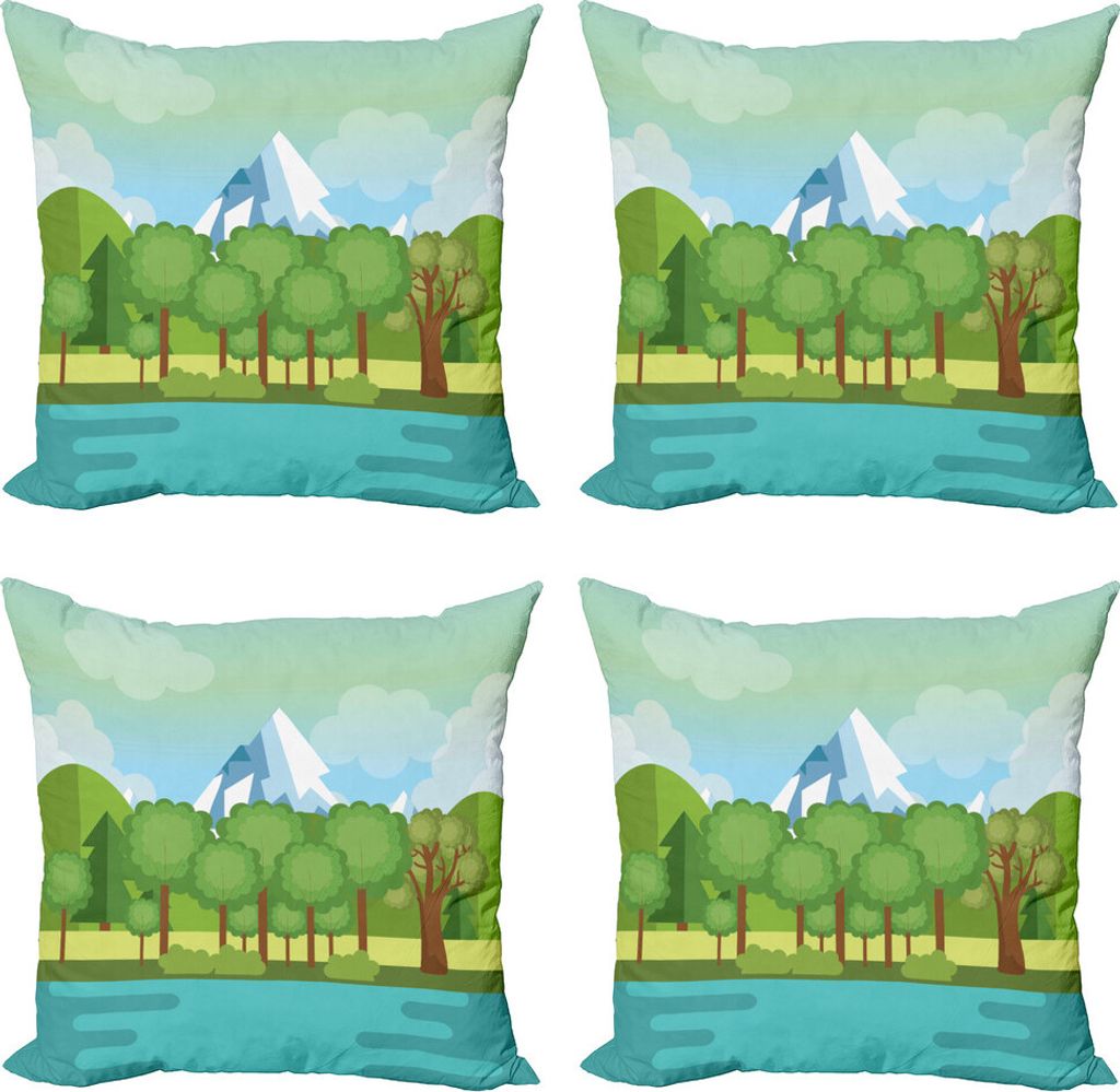 ABAKUHAUS Northwoods Kissenbezug Set (4 Stück), Mountainssee Bäume, Moderner Doppelseitiger Digitaldruck, 45 cm x 45 cm, Mehrfarbig