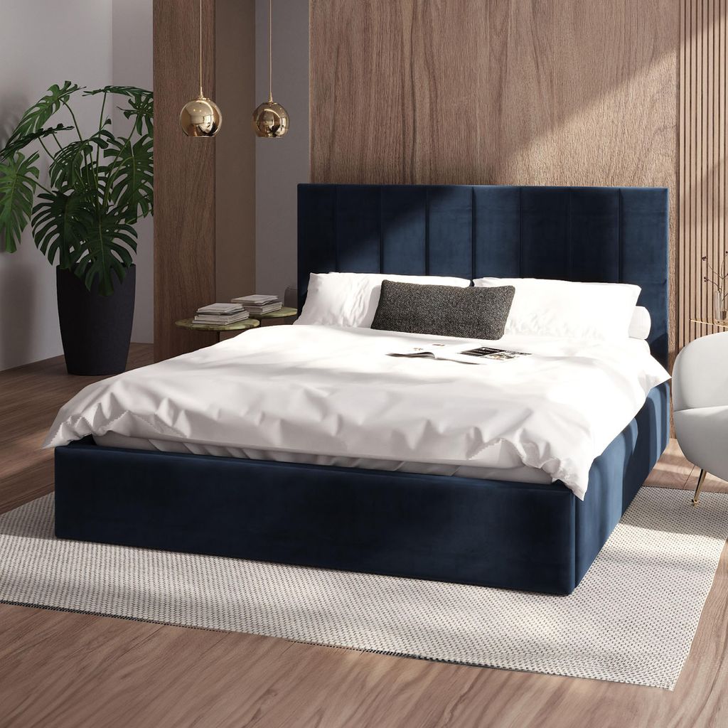 FDM Bett Kaja Paris 120x200 cm Polsterbett mit Lattenrost aus Metall Bettkasten Stauraumbett Samt deep blue