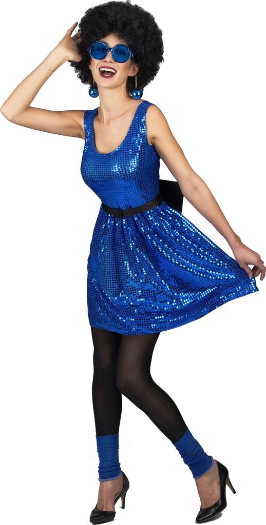 Schickes Disco-Kleid mit Pailletten und Schleife blau Large