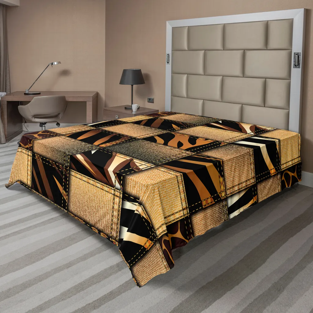 Drap de lit Safari ABAKUHAUS 260x228 cm, Patchwork Denim Marron et Noir