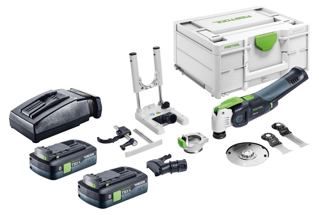 Festool OSC 18 E-Basic-Set Akku Oszillierer 18 V Starlock Max Brushless + 2x Akku 4,0 Ah + Ladegerät + 7 tlg. Zubehör Set + Systainer