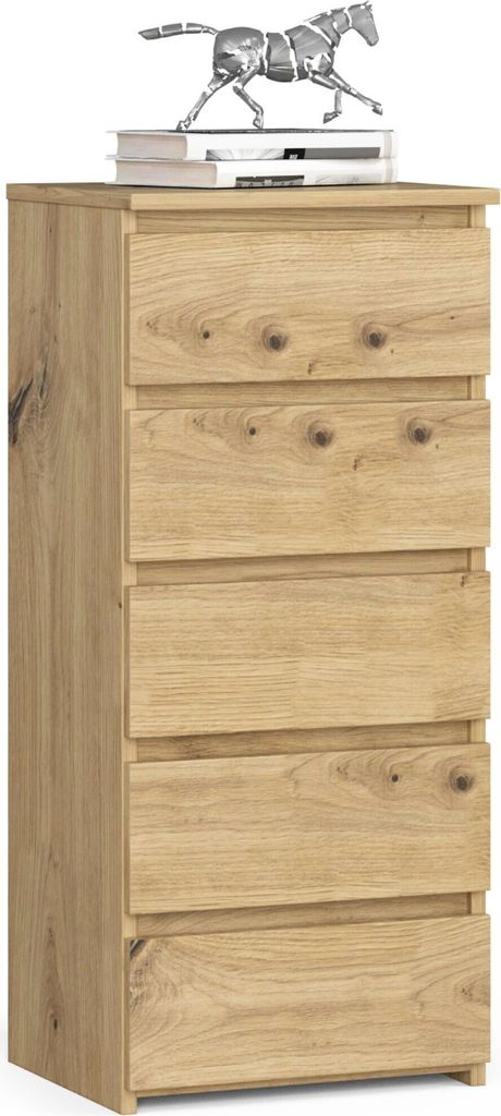 Kommode 40 cm breit Holz Highboard Sideboard für Flur Schlafzimmer Wohnzimmer Kinderzimmer Organizer 92 cm hoch mit 5 Schubladen Artisan Eiche