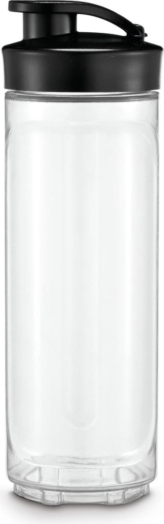 A clear, studio shot of a transparent water bottle with a black lid.
