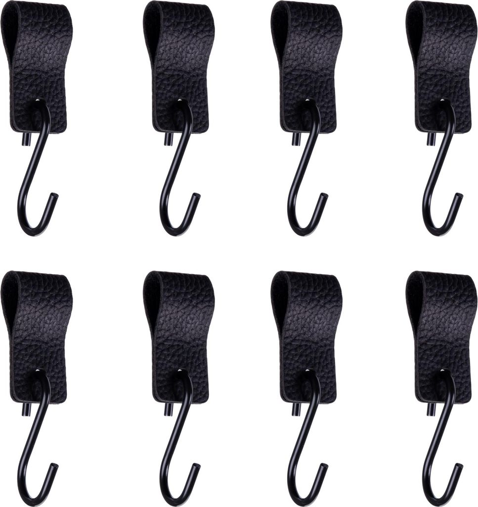 QUVIO S Haken mit Lederband - Kleiderhaken - Kleiderbügel - Aufbewahrung - Haken - Küchenhaken - Metall - Leder - Hängehaken - 8er Set - Schwarz