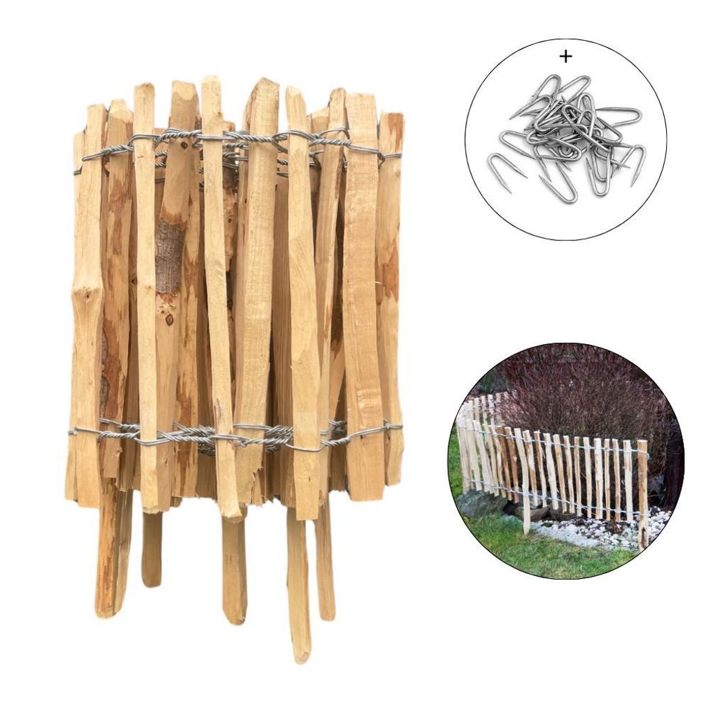 A close-up of a wooden garden fence section and a pile of metal staples, with a smaller inset image of a fence in a garden setting.