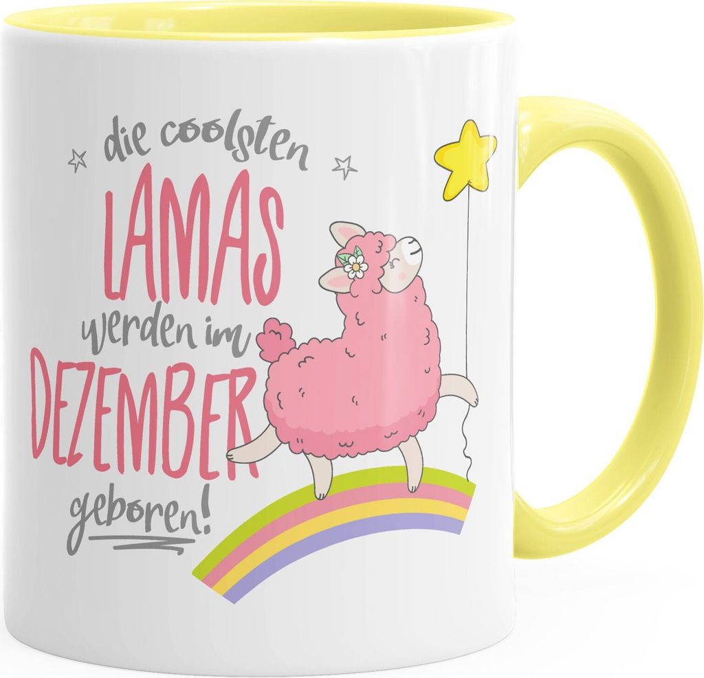 Geburtstags-Tasse die schönsten Lamas werden im Dezember geboren Geschenk-Tasse Wunschmonat Kaffee-Tasse MoonWorks hellgelb unisize