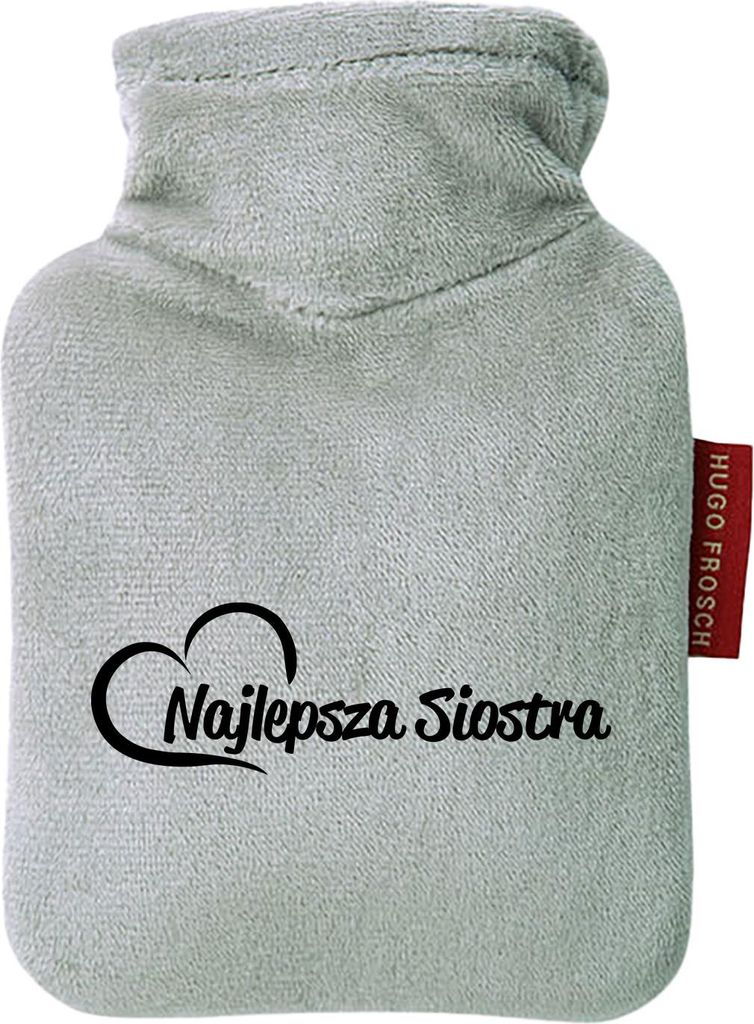 Huuraa Mini-Wärmflasche Najlepsza Siostra Serce 0,2 Liter Grey Mini Veloursbezug Taschenwärmer Geschenkidee